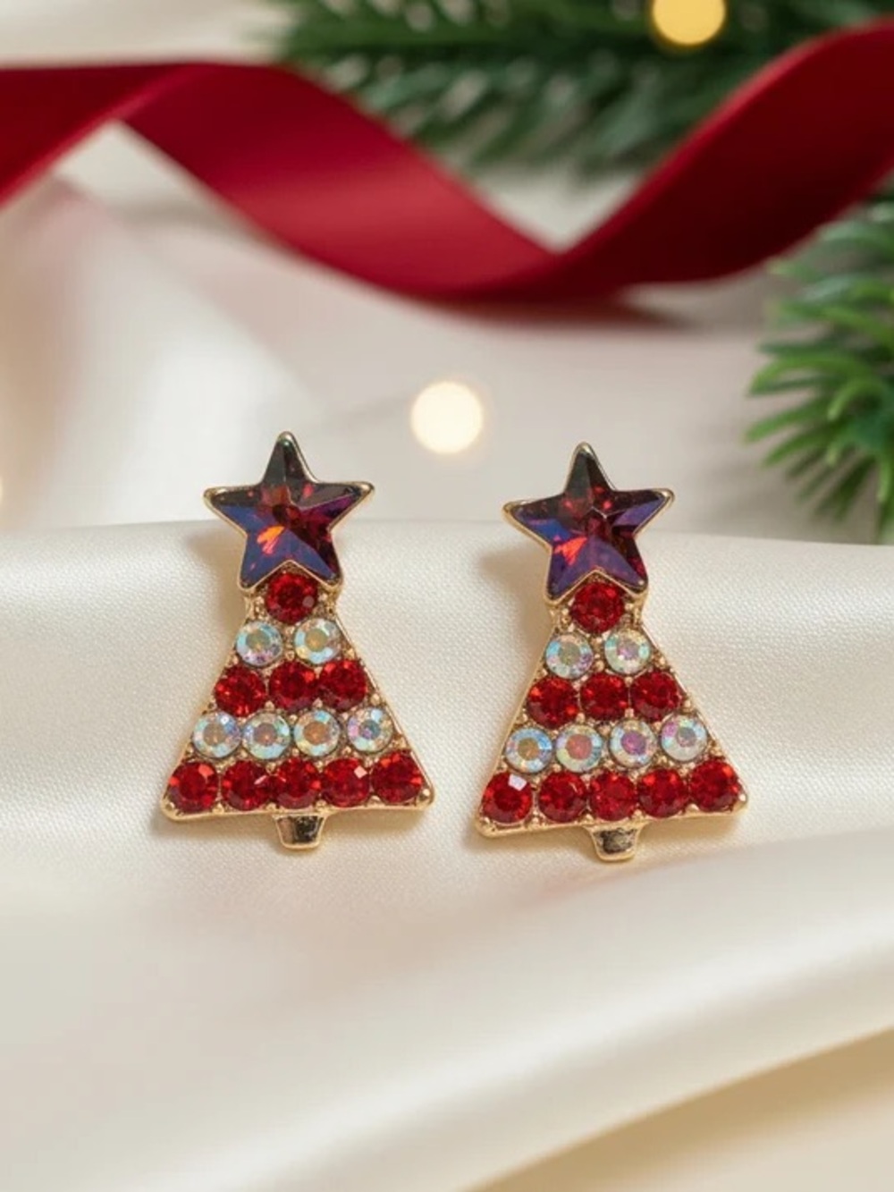 Gold-Tone Red Crystal Christmas Tree Stud Earrings with Star Tops